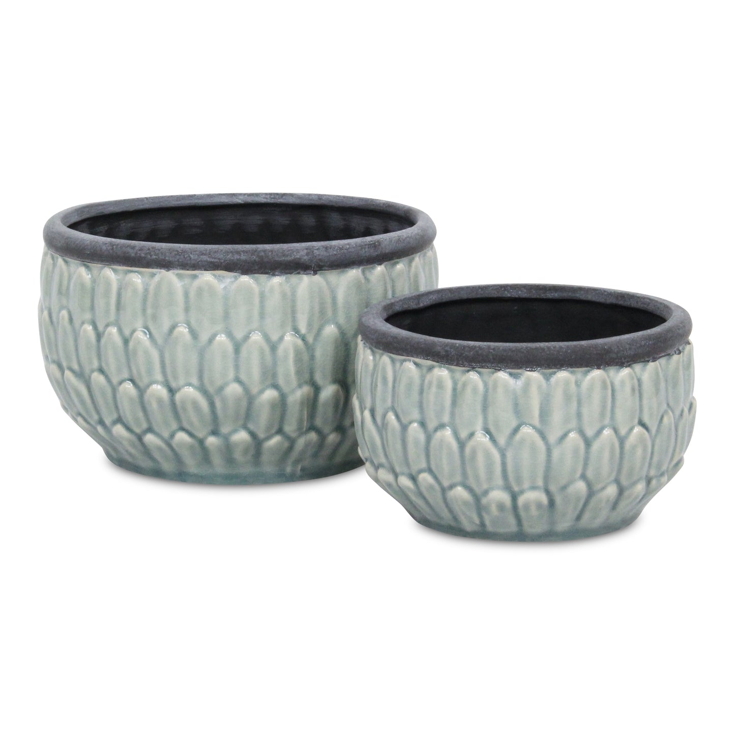 Blue leaf textured ceramic pot with Dark Grey rim in 2 sizes