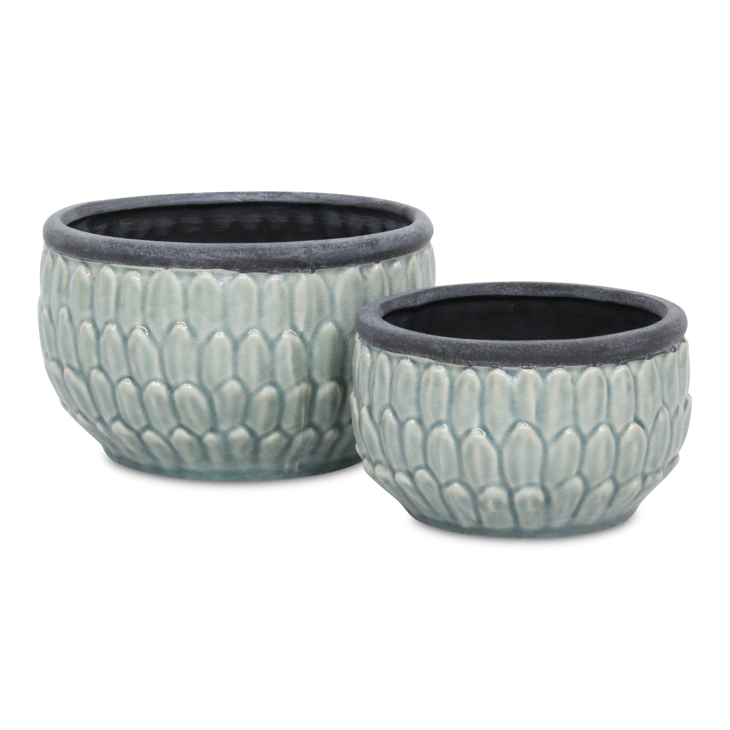 Blue leaf textured ceramic pot with Dark Grey rim in 2 sizes 