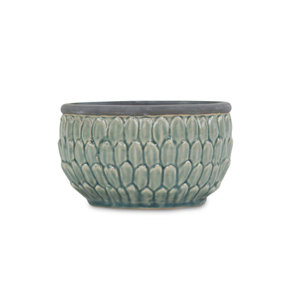 Blue leaf textured ceramic pot with Dark Grey rim