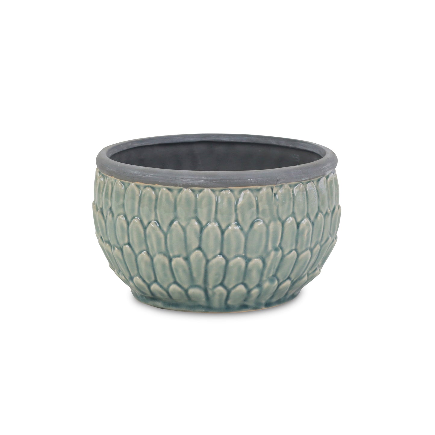 Blue leaf textured ceramic pot with Dark Grey rim