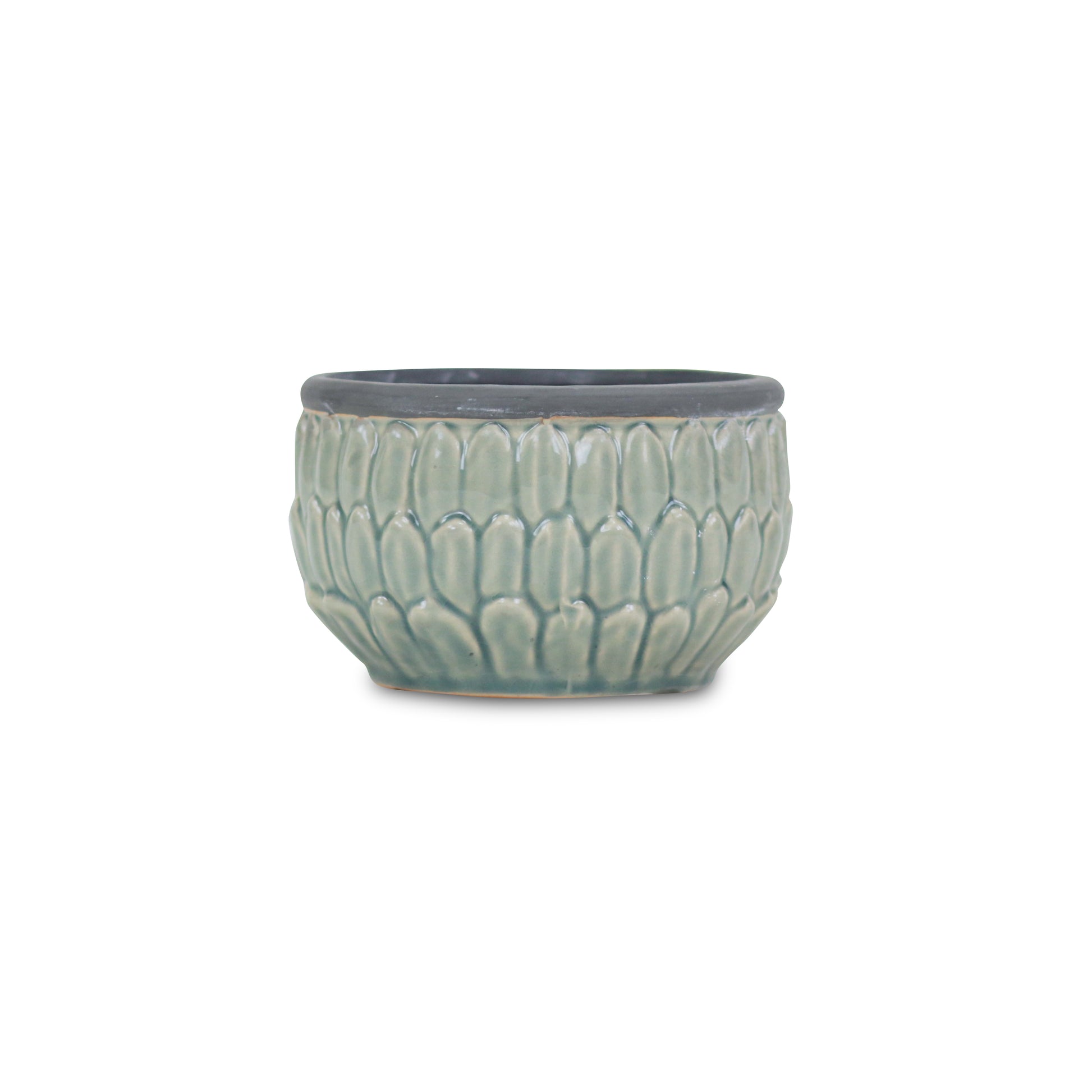 Blue leaf textured ceramic planter with Dark Grey