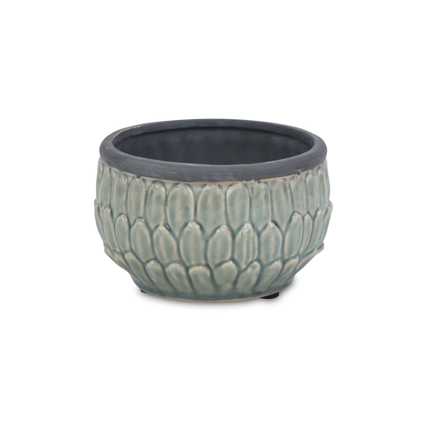 Blue leaf textured ceramic planter with Dark Grey