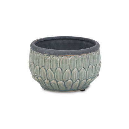 Blue leaf textured ceramic planter with Dark Grey