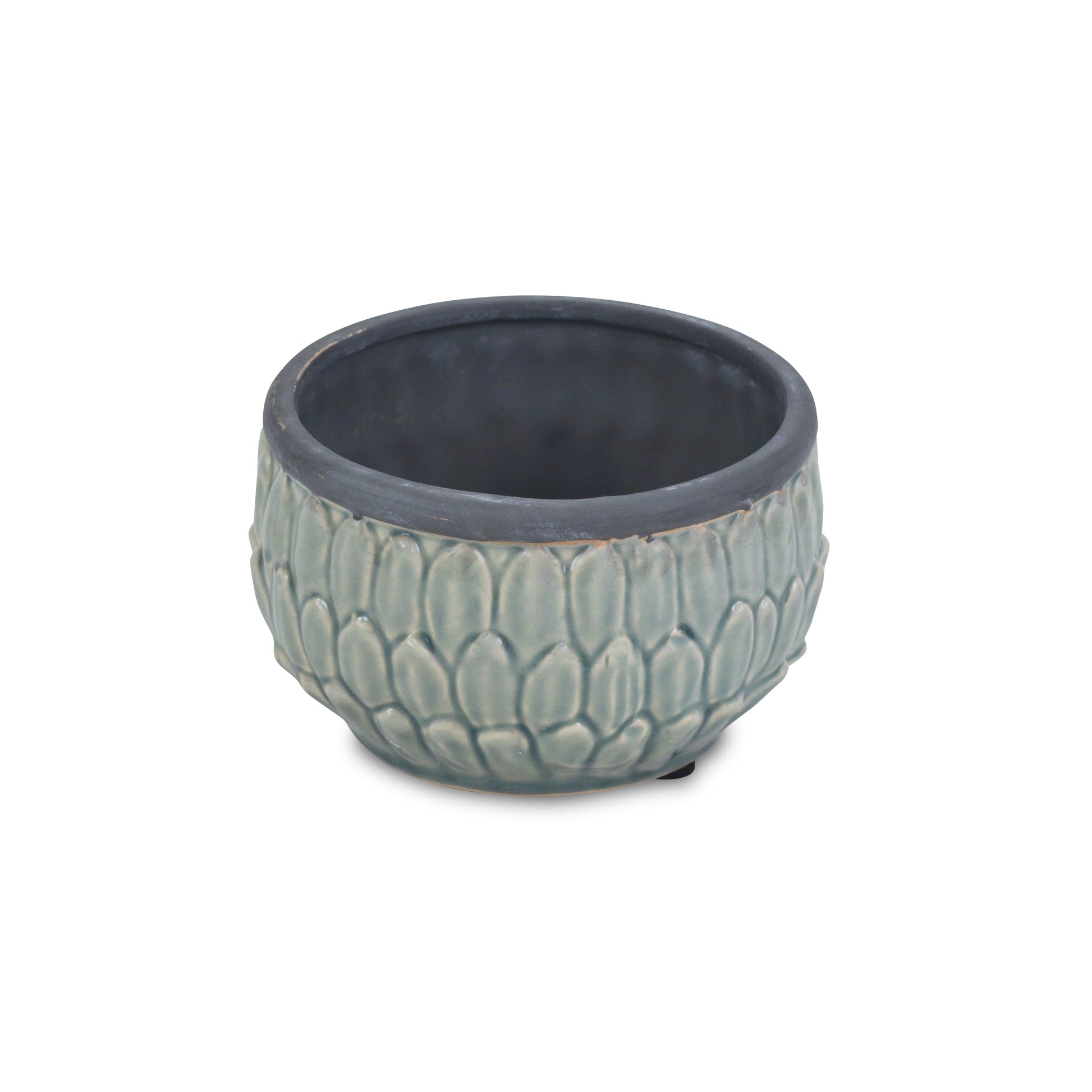 Blue leaf textured ceramic planter with Dark Grey