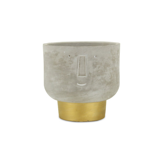 Cement/Concrete planter/pot with cute face and gold base. Modern decor. 