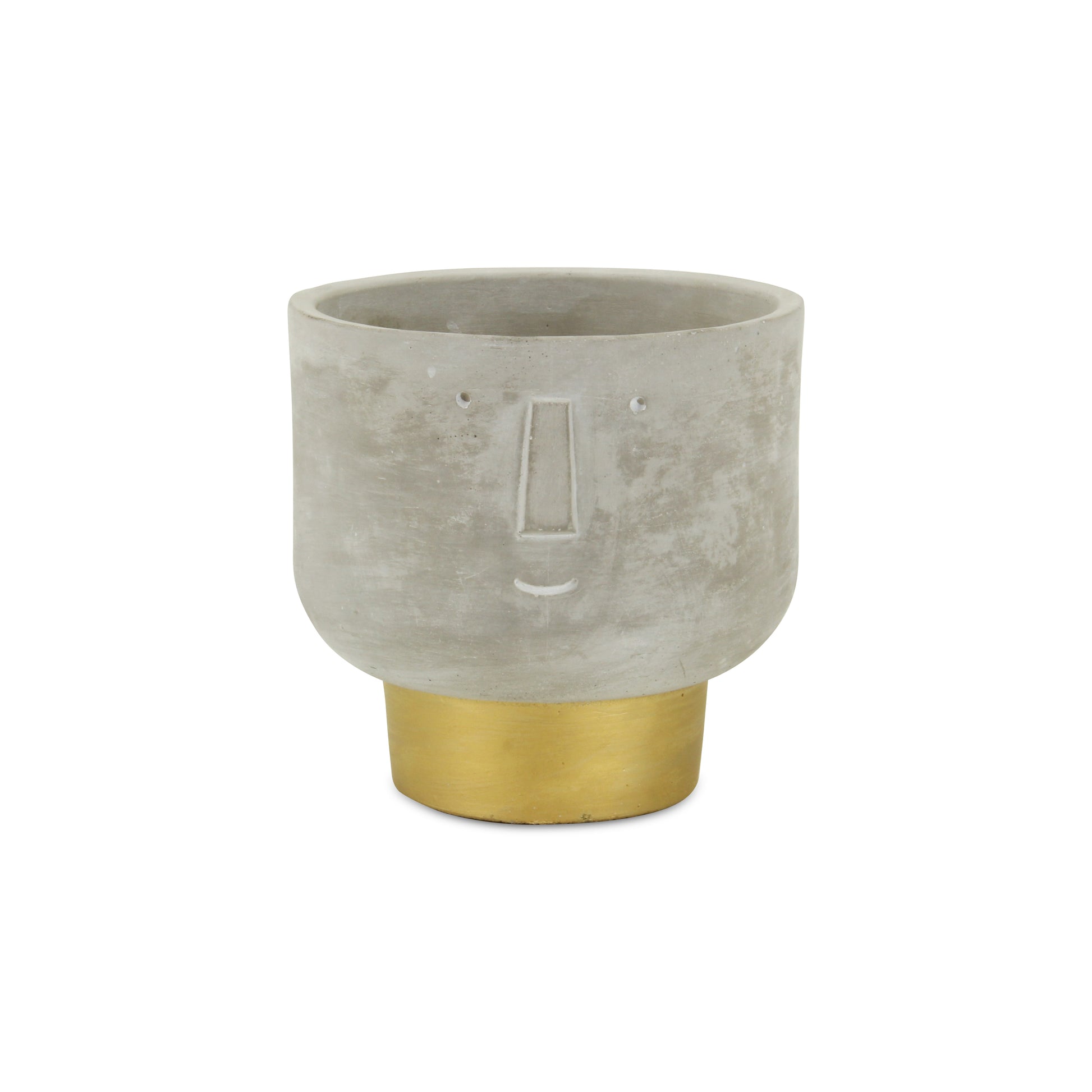 Cement/Concrete planter/pot with cute face and gold base. Modern decor. 
