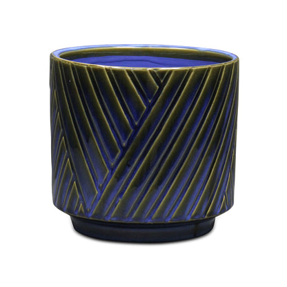 Parlora Crossed Diagonal Pattern Straight Side Ceramic Pot - Blue