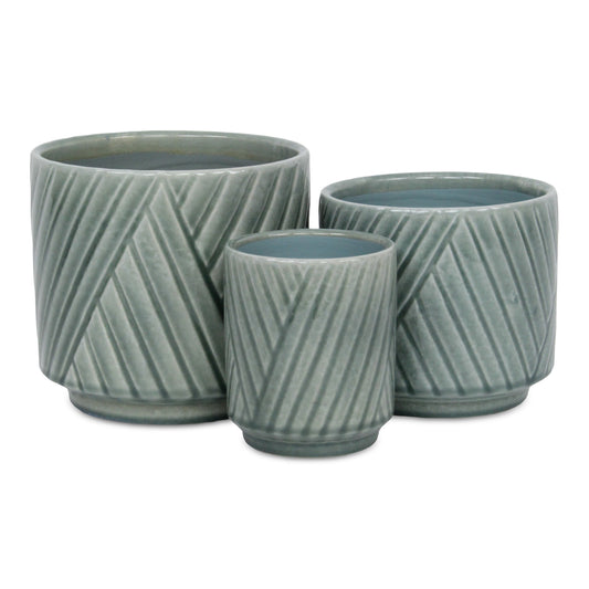 Parlora Crossed Diagonal Pattern Straight Side Ceramic Pot - Green