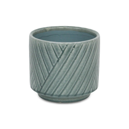 Parlora Crossed Diagonal Pattern Straight Side Ceramic Pot - Green