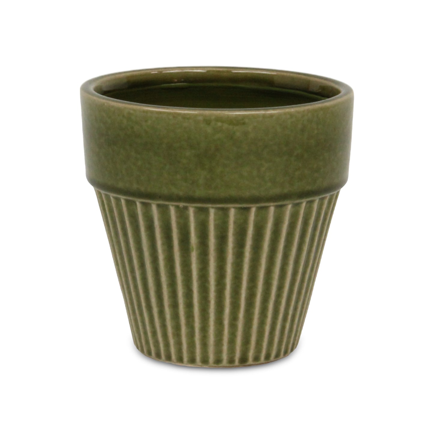 Corseta Tapered Vertical Lined Pattern Ceramic Pot Olive Green