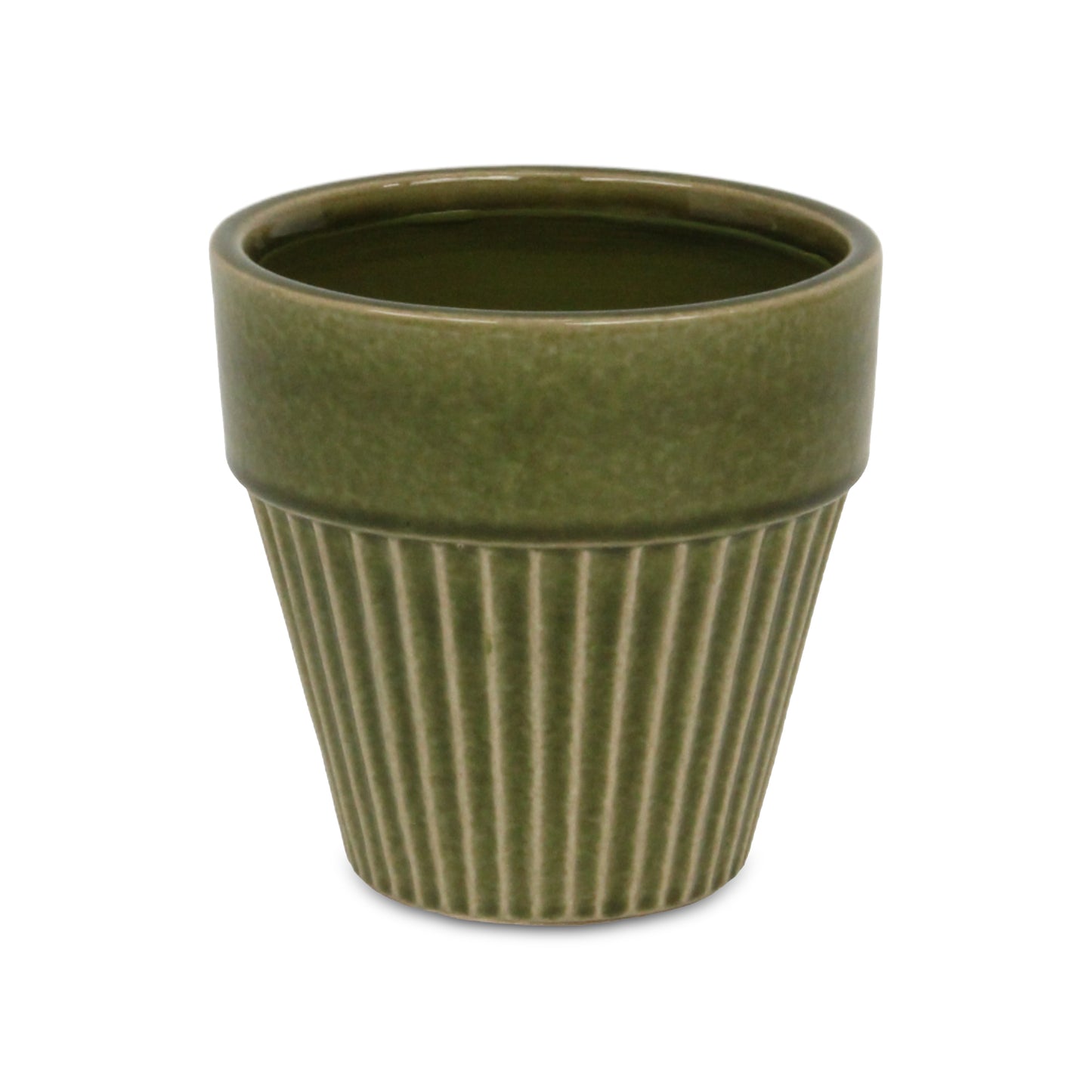 Corseta Tapered Vertical Lined Pattern Ceramic Pot Olive Green