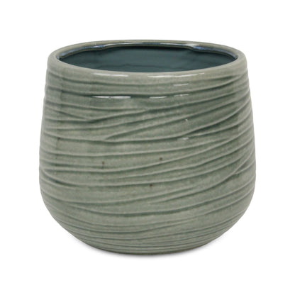 Fairloam Round Curved Wave Lined Pattern Ceramic Pot - Green