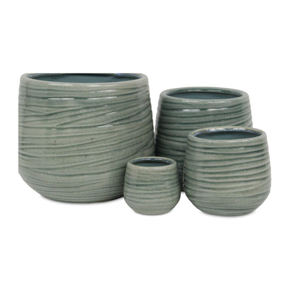 Fairloam Round Curved Wave Lined Pattern Ceramic Pot - Green