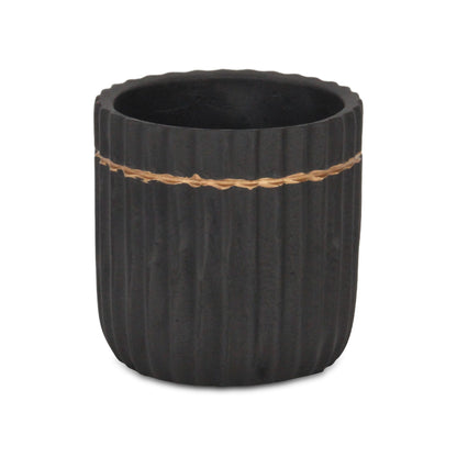 Aurine Round Gold Trimmed Ridged Ceramic Pot - Black