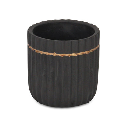 Aurine Round Gold Trimmed Ridged Ceramic Pot - Black