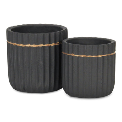 Aurine Round Gold Trimmed Ridged Ceramic Pot - Black