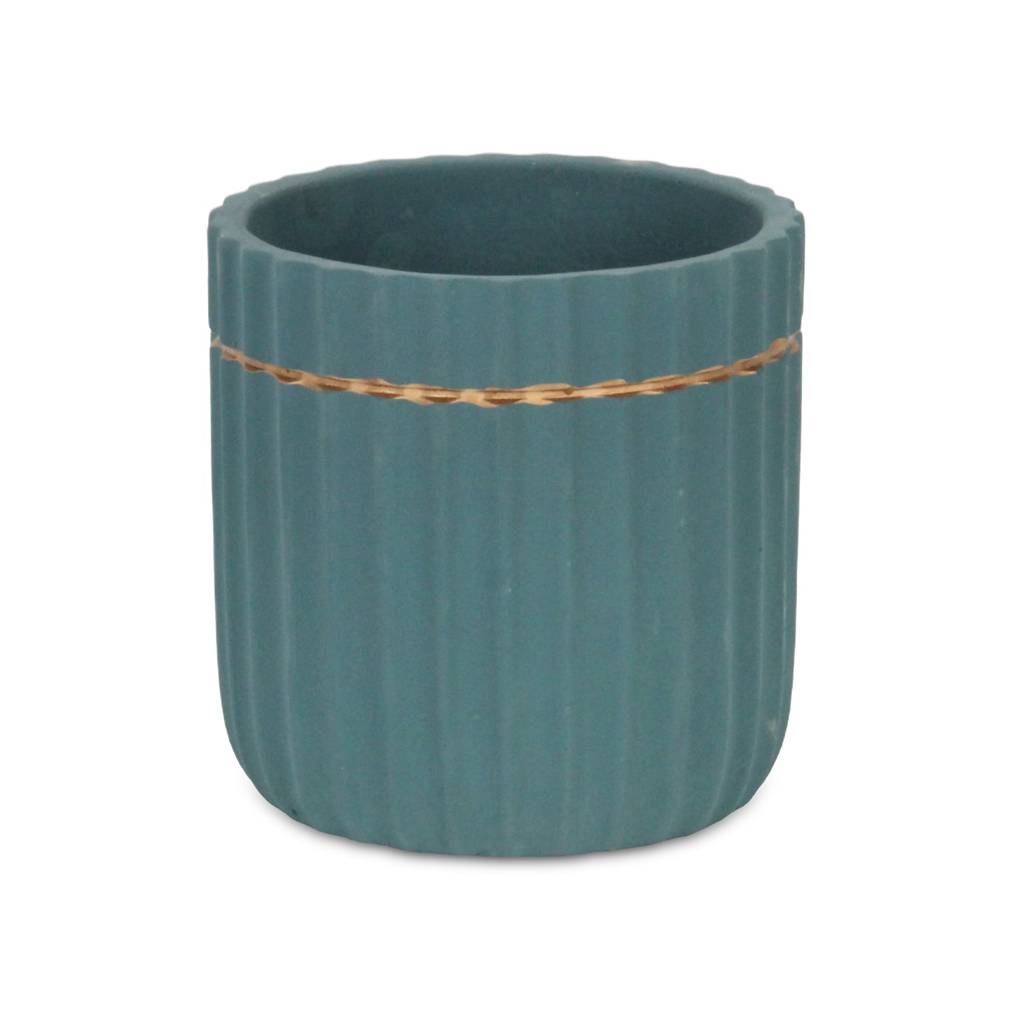 Aurine Round Gold Trimmed Ridged Ceramic Pot - Teal