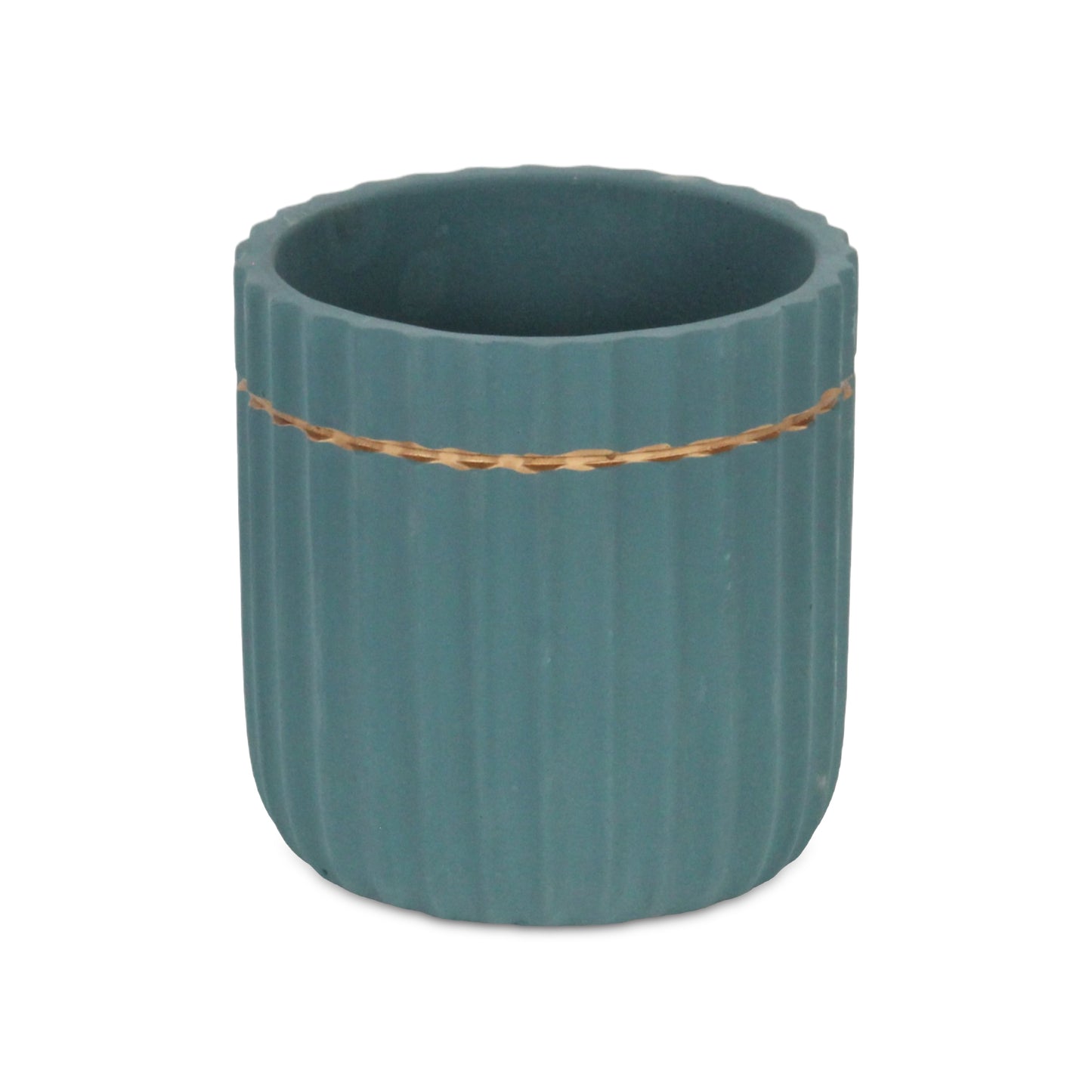 Aurine Round Gold Trimmed Ridged Ceramic Pot - Teal