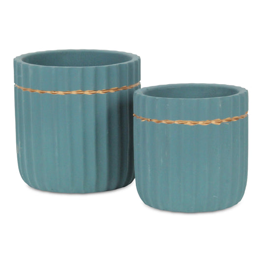 Aurine Round Gold Trimmed Ridged Ceramic Pot - Teal