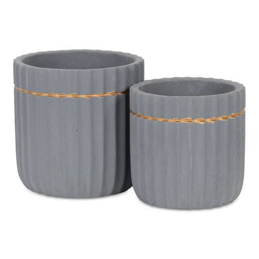 Aurine Round Gold Trimmed Ridged Ceramic Pot - Gray