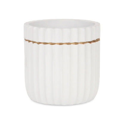 Aurine Round Gold Trimmed Ridged Ceramic Pot - White