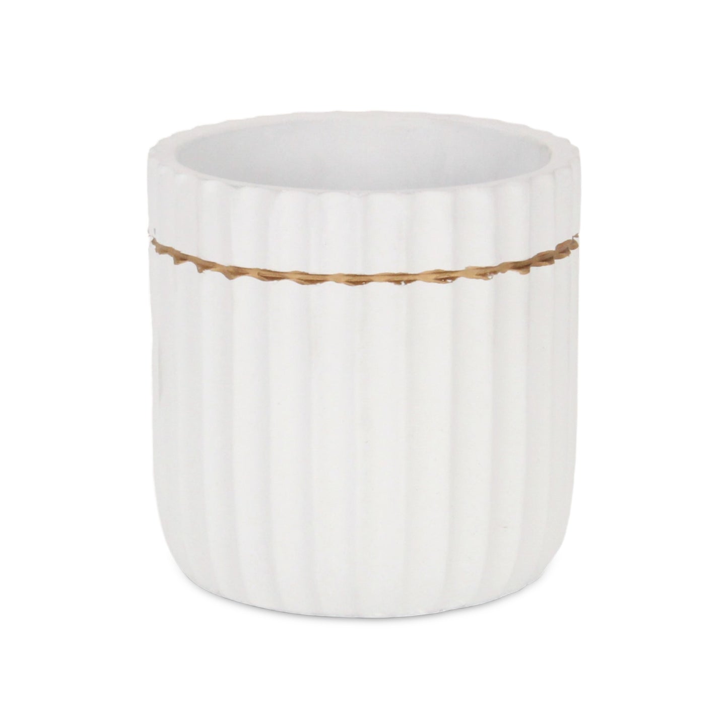 Aurine Round Gold Trimmed Ridged Ceramic Pot - White