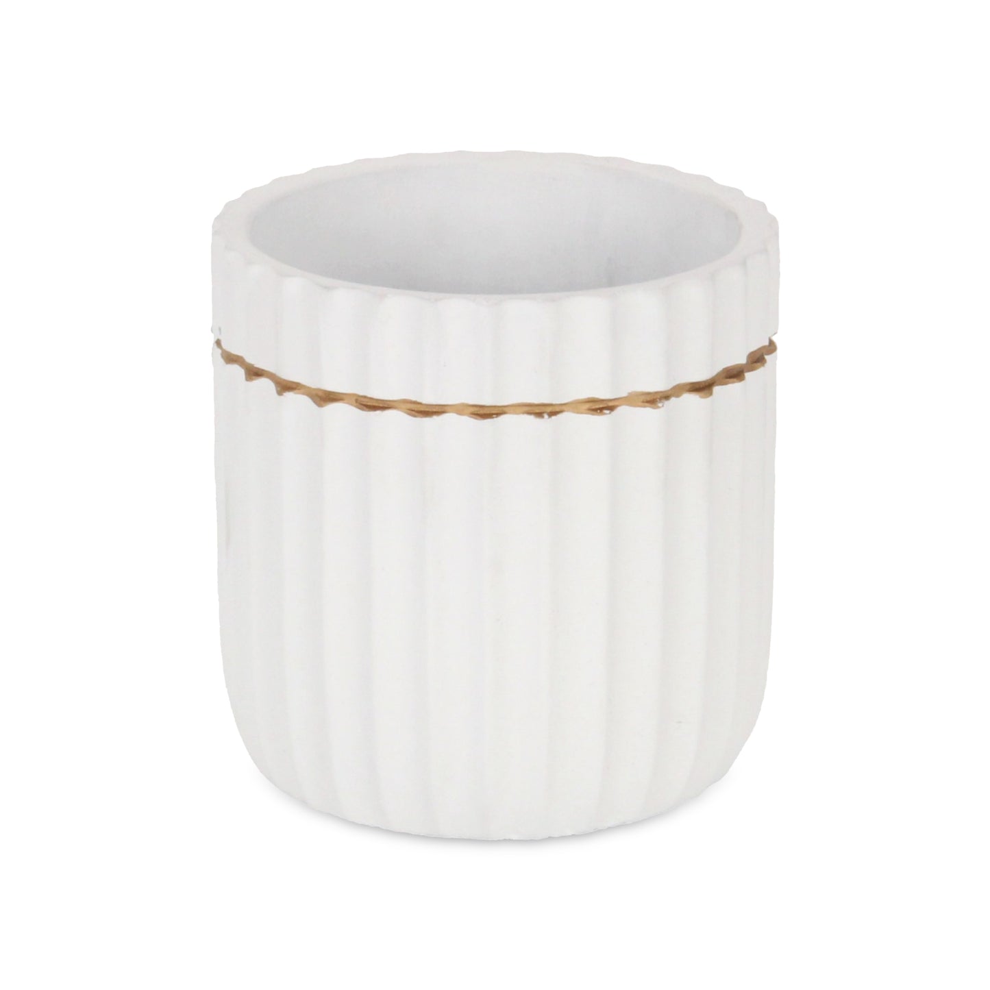 Aurine Round Gold Trimmed Ridged Ceramic Pot - White