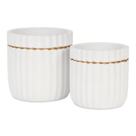 Aurine Round Gold Trimmed Ridged Ceramic Pot - White