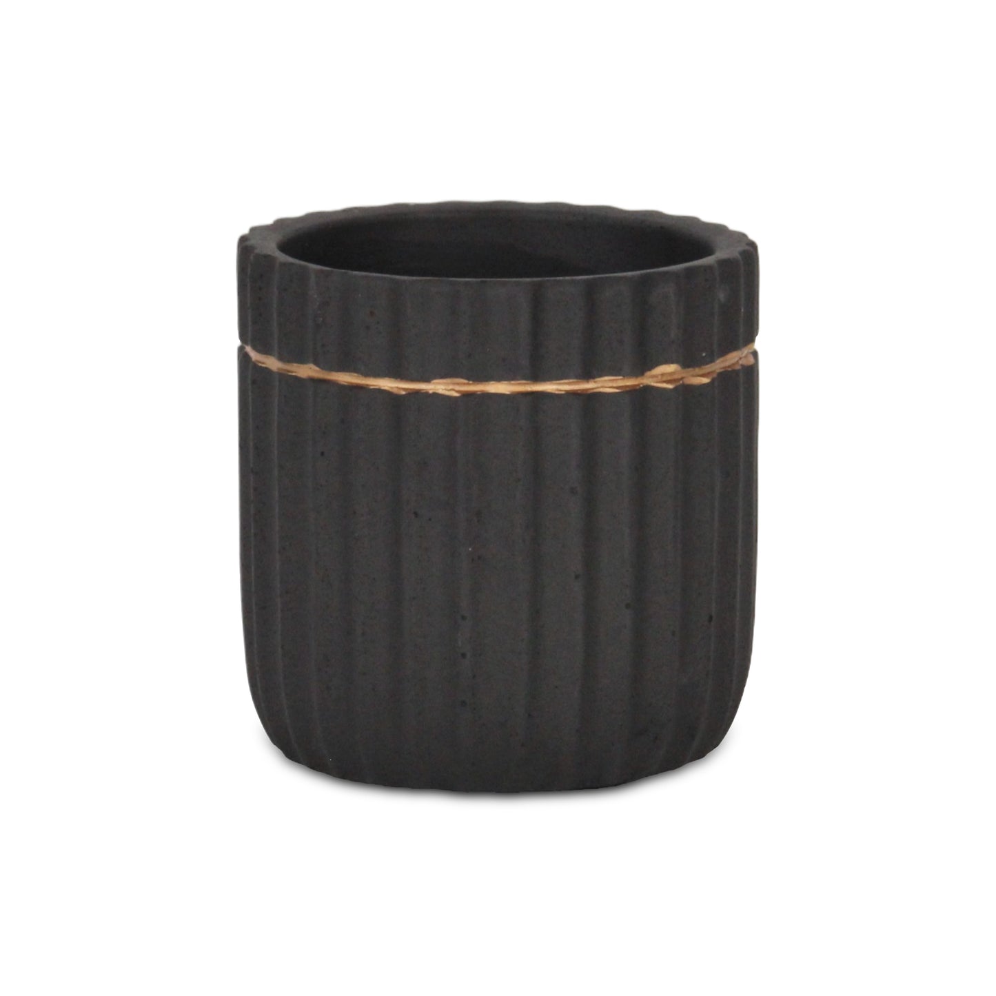 Aurine Round Gold Trimmed Ridged Ceramic Pot - Black