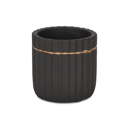 Aurine Round Gold Trimmed Ridged Ceramic Pot - Black