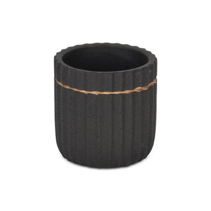 Aurine Round Gold Trimmed Ridged Ceramic Pot - Black