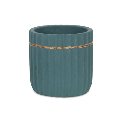 Aurine Round Gold Trimmed Ridged Ceramic Pot - Teal