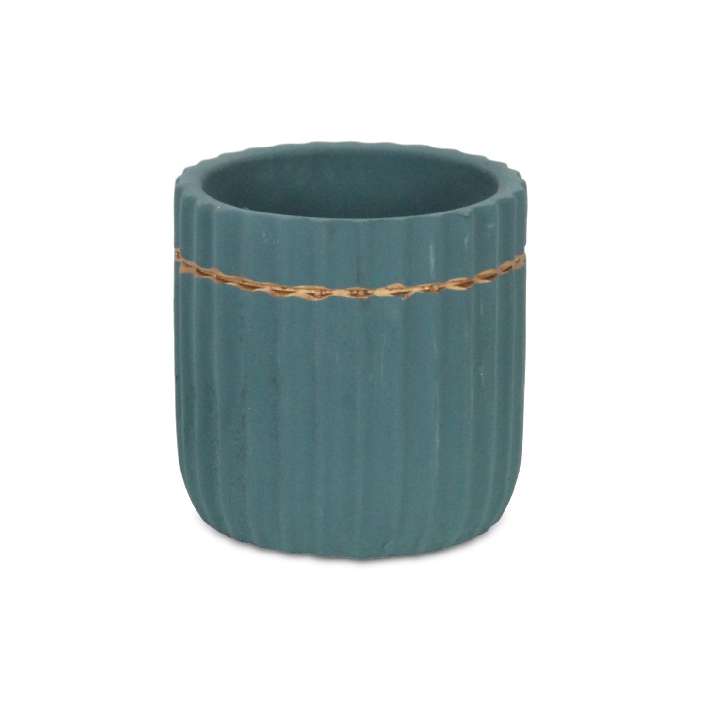 Aurine Round Gold Trimmed Ridged Ceramic Pot - Teal