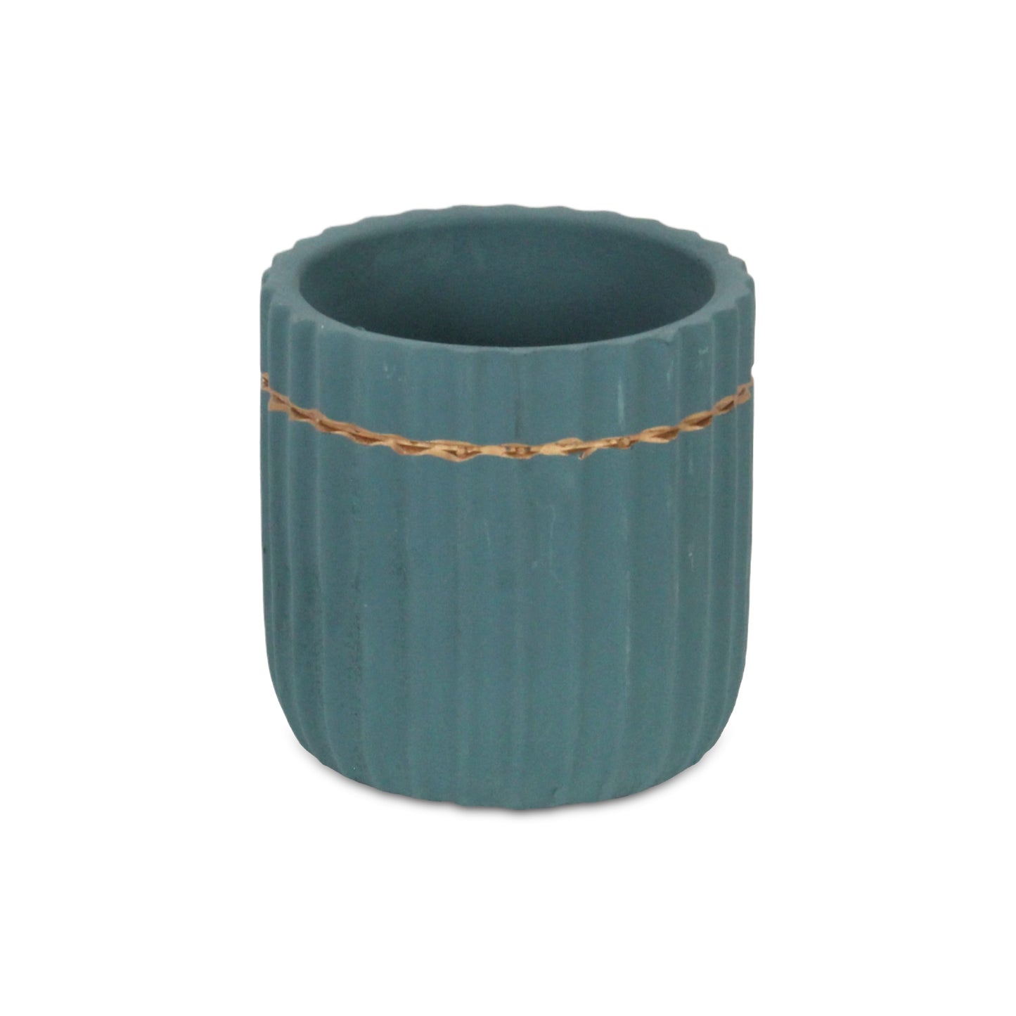 Aurine Round Gold Trimmed Ridged Ceramic Pot - Teal