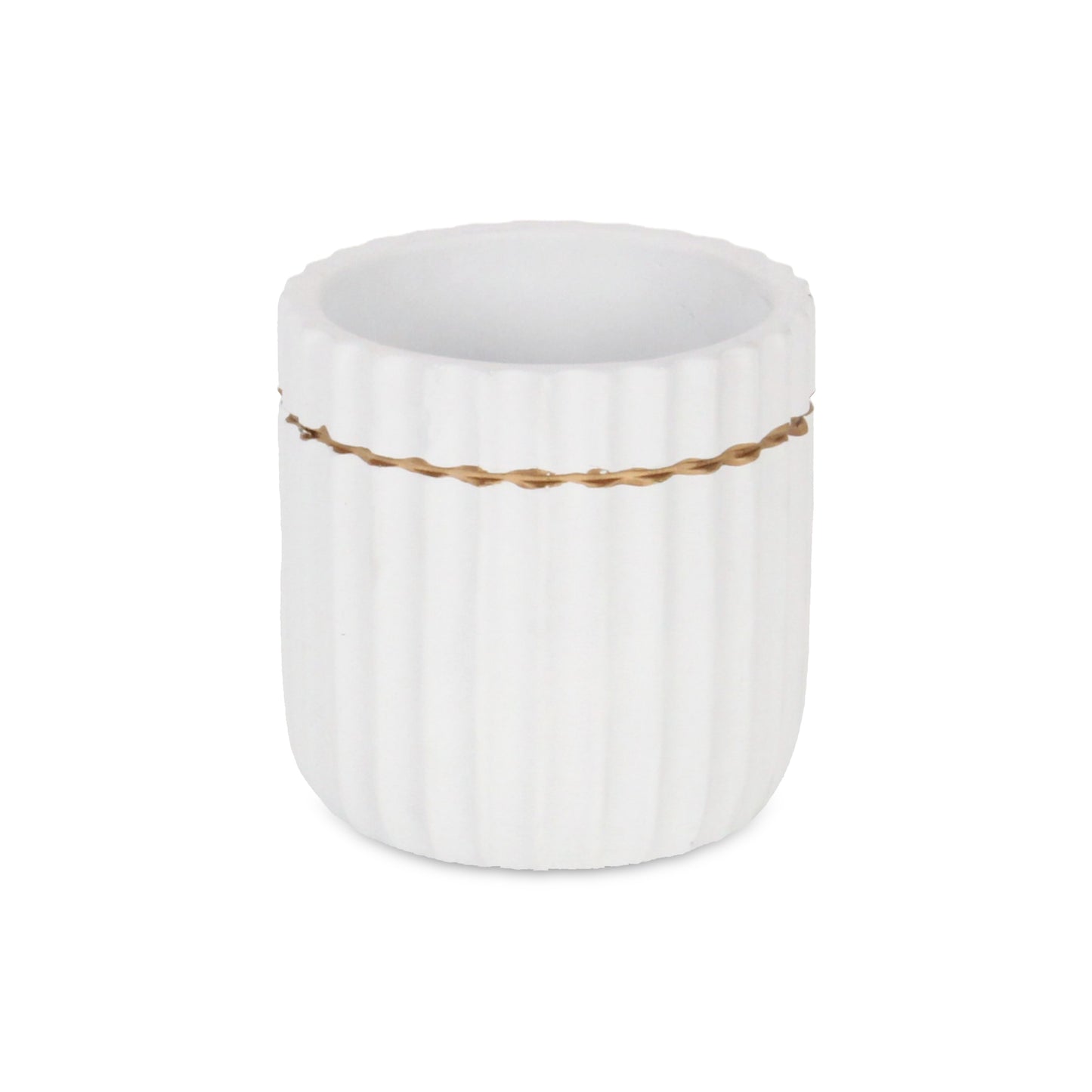 Aurine Round Gold Trimmed Ridged Ceramic Pot - White