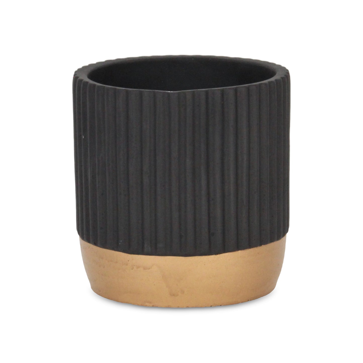 Aurone Round Ridged Ceramic Pot with Gold Finished Base - Black