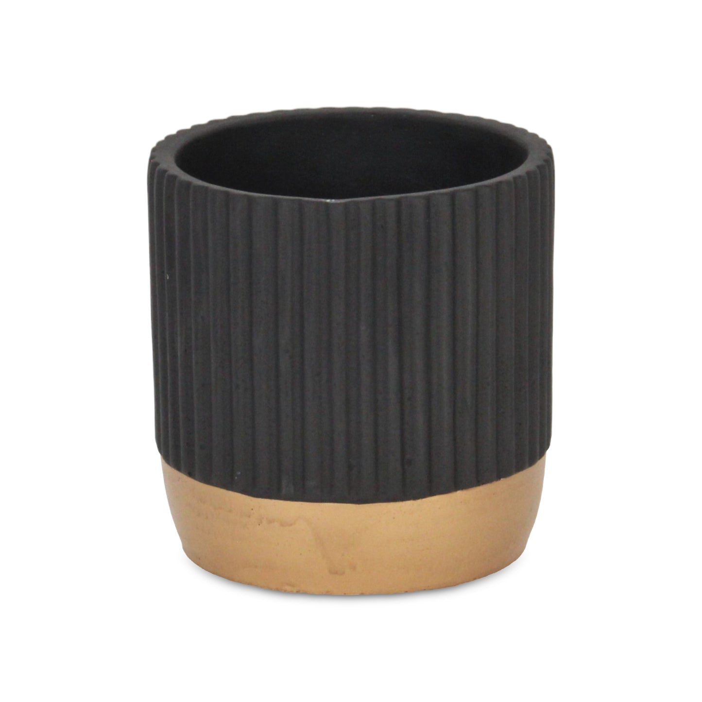 Aurone Round Ridged Ceramic Pot with Gold Finished Base - Black