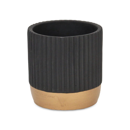 Aurone Round Ridged Ceramic Pot with Gold Finished Base - Black