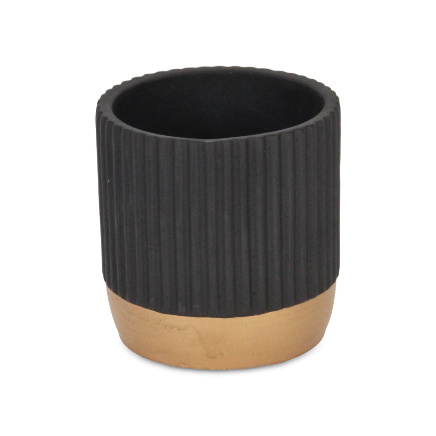 Aurone Round Ridged Ceramic Pot with Gold Finished Base - Black