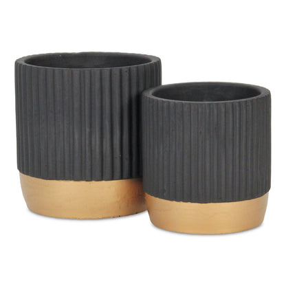 Aurone Round Ridged Ceramic Pot with Gold Finished Base - Black