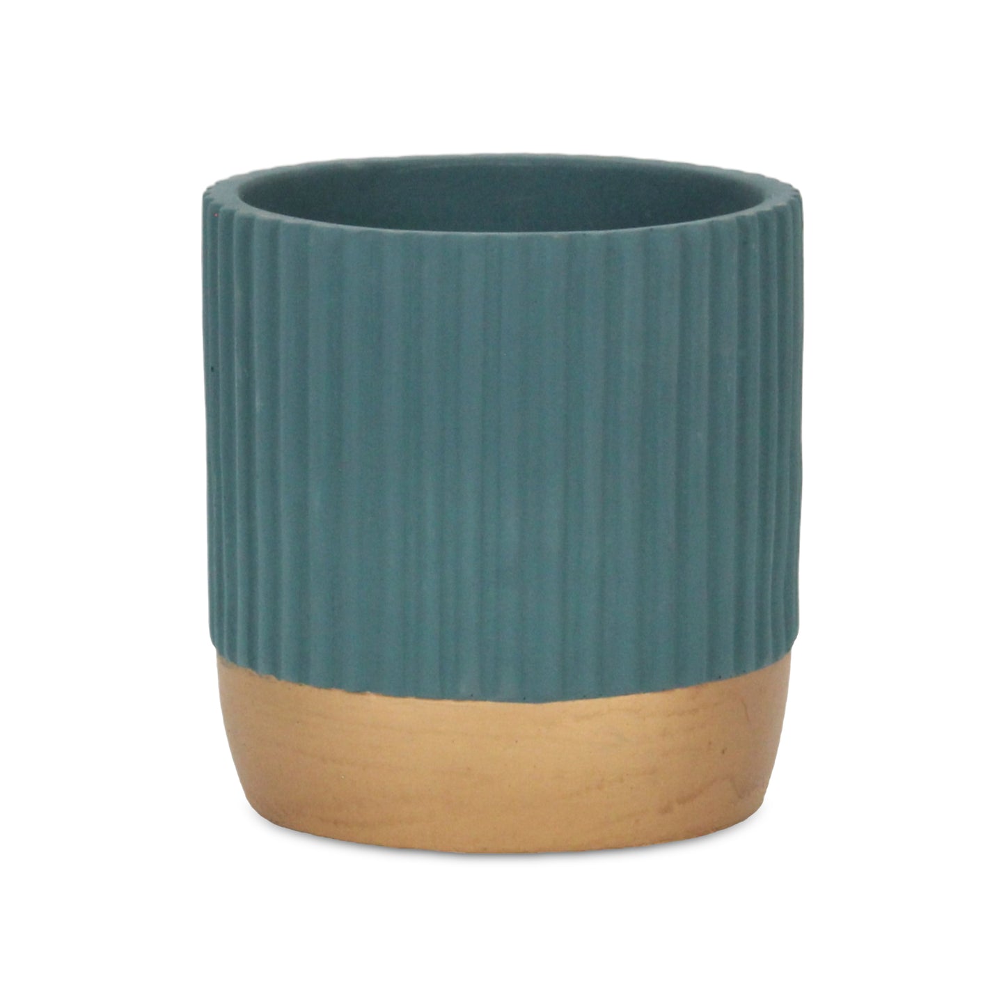 Aurone Round Ridged Ceramic Pot with Gold Finished Base - Teal