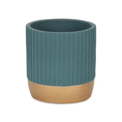 Aurone Round Ridged Ceramic Pot with Gold Finished Base - Teal