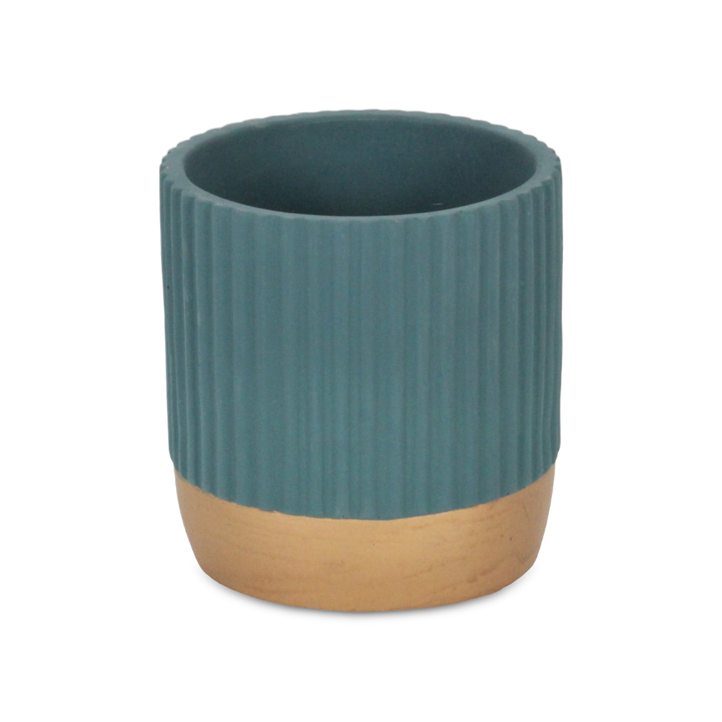 Aurone Round Ridged Ceramic Pot with Gold Finished Base - Teal