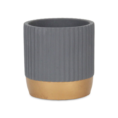 Aurone Round Ridged Ceramic Pot with Gold Finished Base - Gray