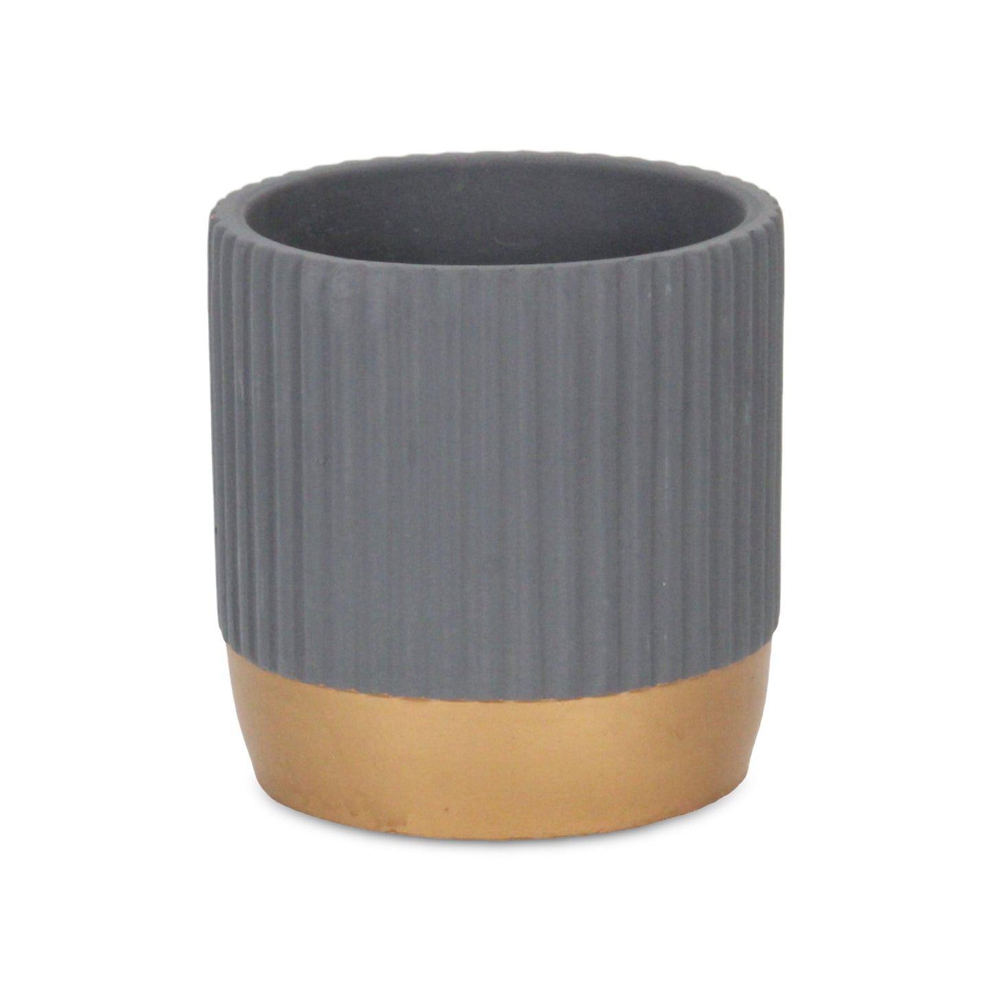 Aurone Round Ridged Ceramic Pot with Gold Finished Base - Gray