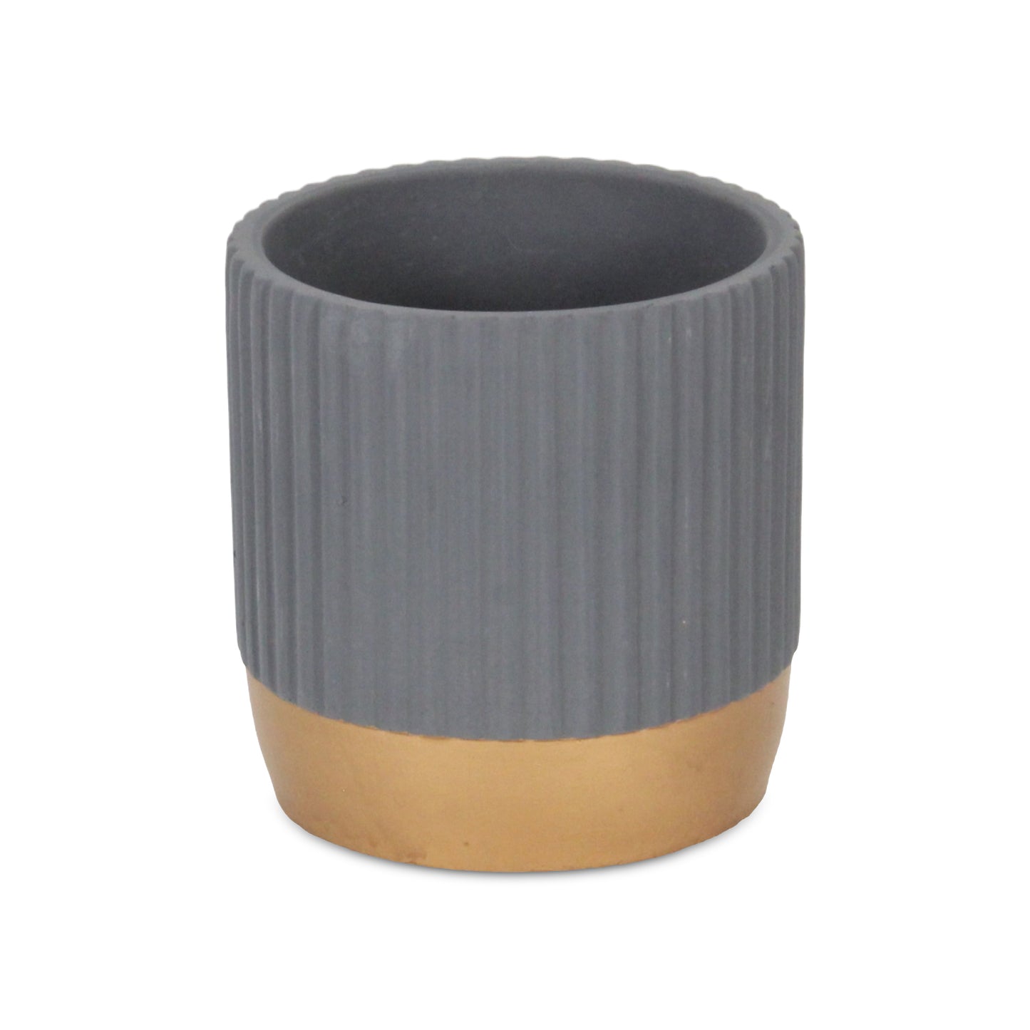 Aurone Round Ridged Ceramic Pot with Gold Finished Base - Gray