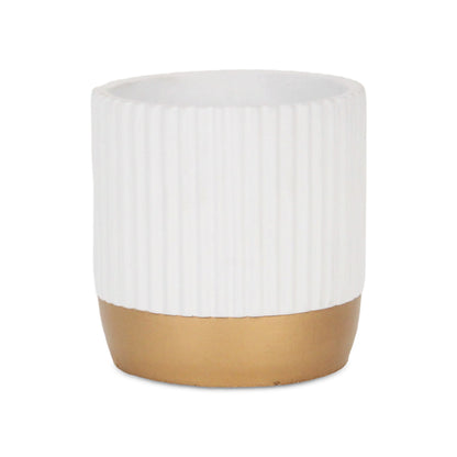 Aurone Round Ridged Ceramic Pot with Gold Finished Base - White