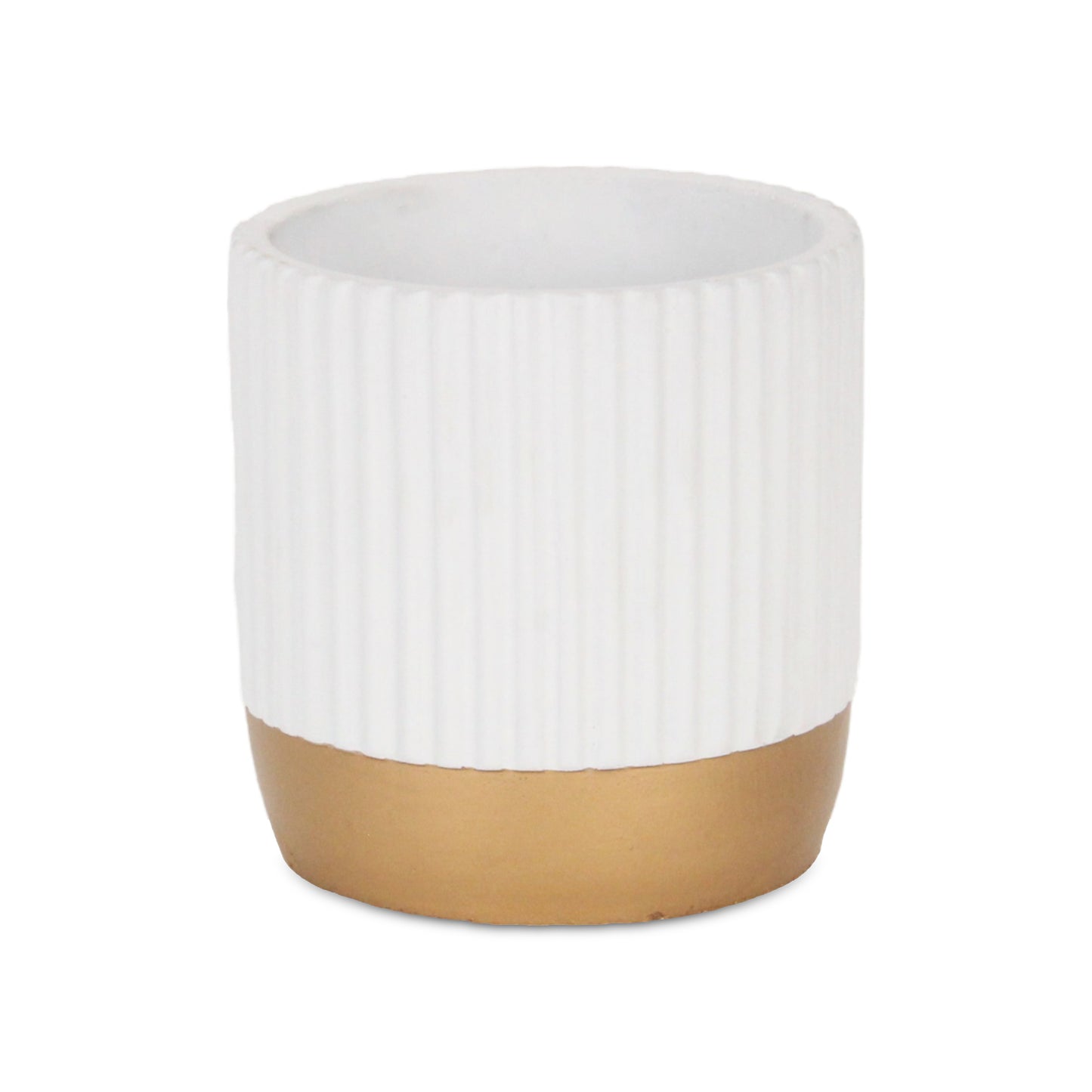 Aurone Round Ridged Ceramic Pot with Gold Finished Base - White