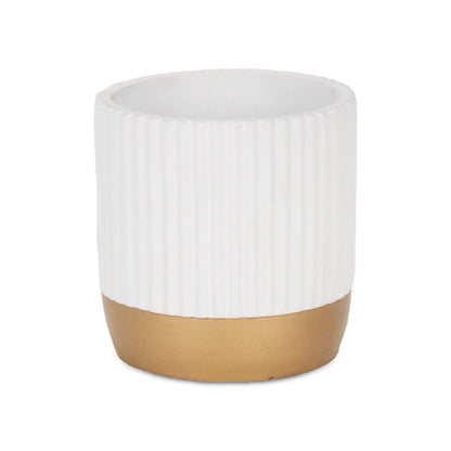 Aurone Round Ridged Ceramic Pot with Gold Finished Base - White