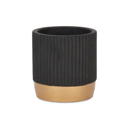 Aurone Round Ridged Ceramic Pot with Gold Finished Base - Black